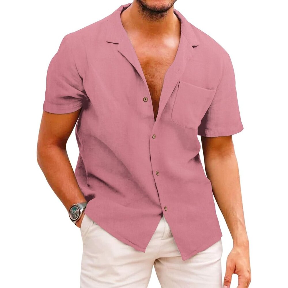 Men's Pink Hawaiian Floral Shirt Cotton Linen Button Down Tropical Beach Shirt